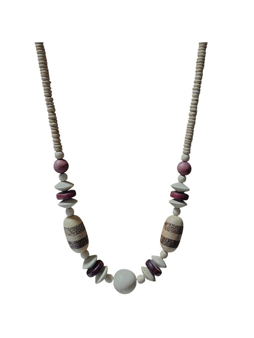 Handmade Chunky Wood Bead Necklace Cream Heishi Burgundy Geometric Beads Boho